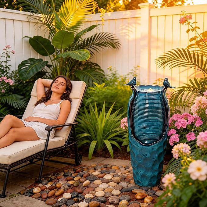 32.5" H Ceramic Jar Outdoor Fountain, Honeycomb Pot Water Feature with LED Lights, Soothing Trickling Waterfall for Garden, Patio, Yard, Balcony Oasis, KD Vivid Birds, Turquoise Glaze