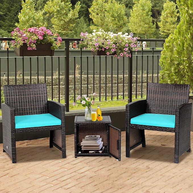 Tangkula 3 Pieces Outdoor Wicker Conversation Set with Waterproof Cover, 2 Patio Rattan Cushioned Chairs with Side Storage Table, Suitable for Front Porch, Balcony, Garden, Poolside (Turquoise)