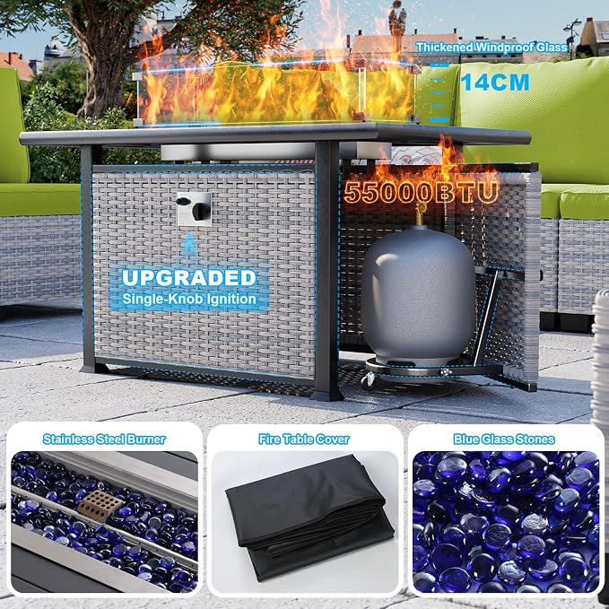 18-Piece Patio Furniture Set, Outdoor Patio Furniture with 55,000 BTU Fire Pit Table, Swivel Chairs Set, Thick Cushions, Modular Patio Sofa, Dual-Strand Wicker Rattan, Rust-Resistant Frame,Grass Green