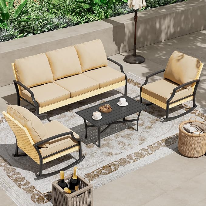 AECOJOY Patio Furniture Set, 4-Piece Wicker Rocking Conversation Set, Beige | 3mm Rust-Resistant Steel, 5-Inch Cushions, 2 Rocking Chairs and Coffee Table for Porch, Garden, Lawn and Backyard