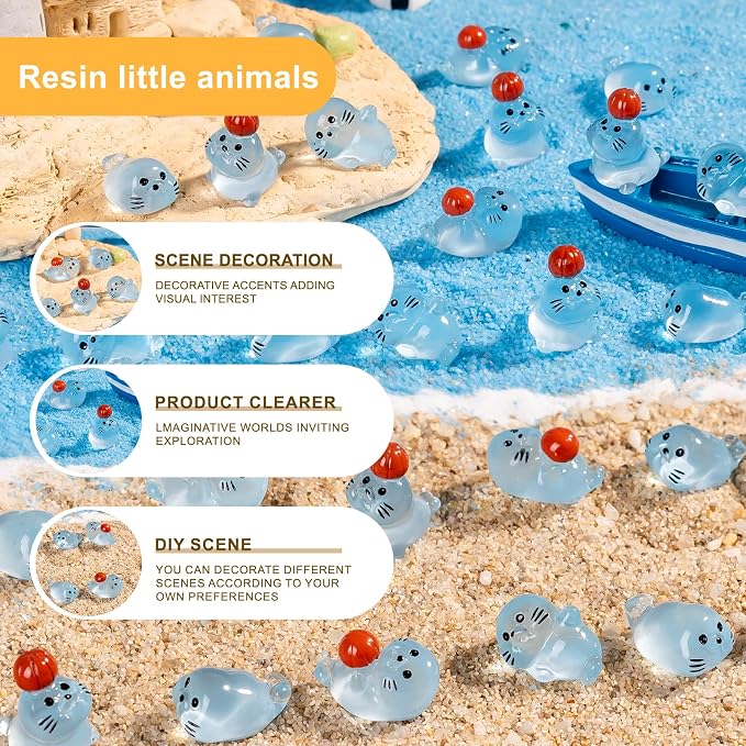 48 Pack Mini Glow in The Dark Resin Animals Seal Figures,4 Styles Luminous Little Sea Creatures Ocean Cute Miniature Figurines Bulk for Aquarium Decor