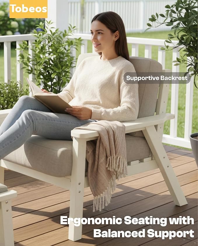 HDPE 5 Piece Patio Furniture Set, Outdoor Couch with Washable Thick Beige Cushions & Coffee Table, Outdoor Sectional Furniture for Backyard, Deck, Lawn, Porch (White Frame)