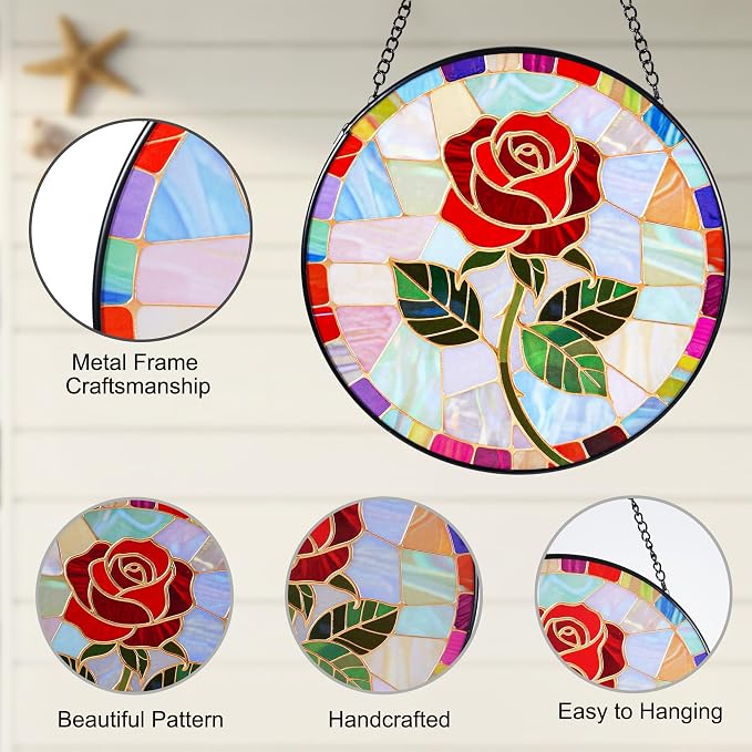 Stained Glass Window Hanging, Red Rose Suncatcher 7.8 in Sun Catcher Glass Panel Boho Wall Art Decor with Chain Diamond Glass Panel Hangings Scenery Sun Catchers Decor for Lover Couple Mom