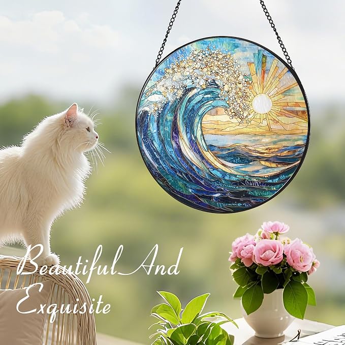 The Ocean Waves and The Sunrise Suncatcher Stained Glass Window Hanging | 7.9 in, Sun Catcher, Garden Decor