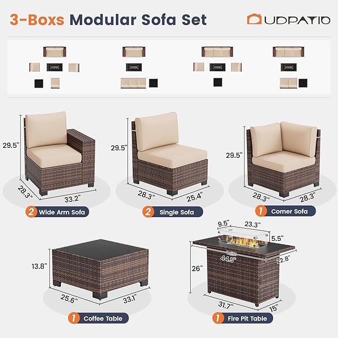 UDPATIO Patio Sectional Sofa with Fire Pit Table, 8 Inch Armrest 7-Piece Wicker Conversation with Waterproof Cover for Backyard Deck, Brown/Khaki