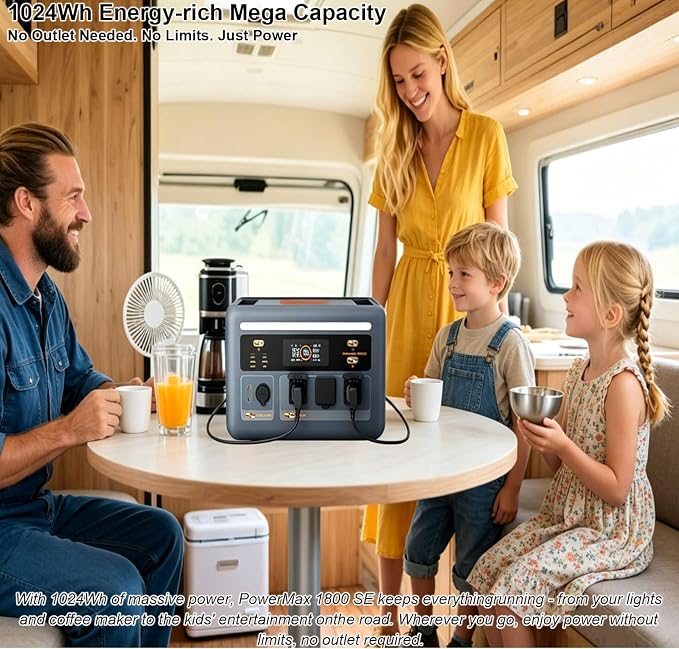 OSCAL 1800W Solar Generator with 200W Solar Panel PowerMax 1800SE, 1024Wh LiFePO4 Battery Generator with 3 AC Outlets (3600W Surge), 800W AC Charging, WI-FI/Bluetooth APP Control (PM1800SE+200W)