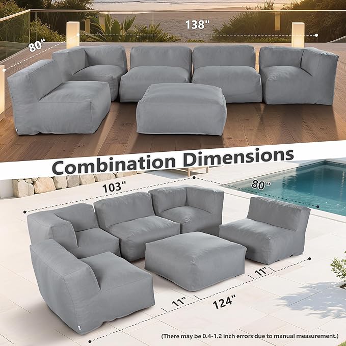 Patio Furniture Set, 6 Pcs Outdoor Conversation Set with Bean Bag Middle Chairs, Corner Chair, Ottomans, Modern Foam Couch Set for Garden, Deck, Balcony (6, Deep Gray)
