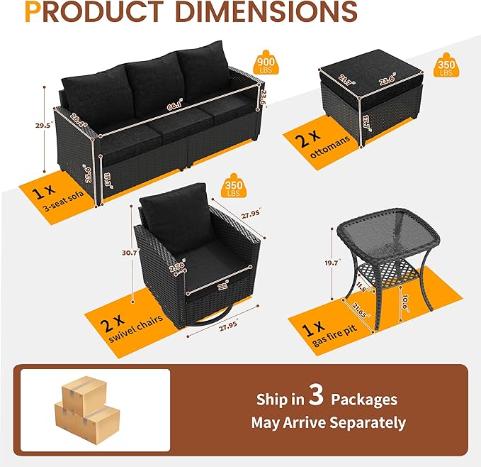 UDPATIO Patio Furniture Set, 6 Pieces Outdoor Sectional Couch with Swivel Rocking Chair, Gray Wicker Rattan Sofa with Side Table, 4" Thick Cushion for Garden Backyard Deck,Black