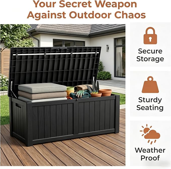 148 Gallon Resin Deck Box - Outdoor Storage Chest for Patio Furniture Cushions, Garden Tools, Pool Accessories & Backyard Organization Lockable Waterproof All-Weather Wood Grain Design, Easy Assembly