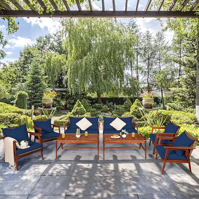 Tangkula 8 PCS Patio Wood Sofa Set, Outdoor Acacia Wood Seating Chat Set with Cushions & Coffee Table, Sectional Conversation Sofa Set for Garden, Backyard, Poolside (2, Blue)