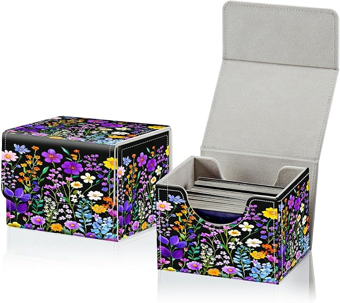 Card Deck Box for MTG, Cards Storage Box Fits 120+ Sleeved, Leather Small Size Strong Magnetic Closing Card Case for Board Games Magic TCG CCG Baseball Collection, Purple Wildflower
