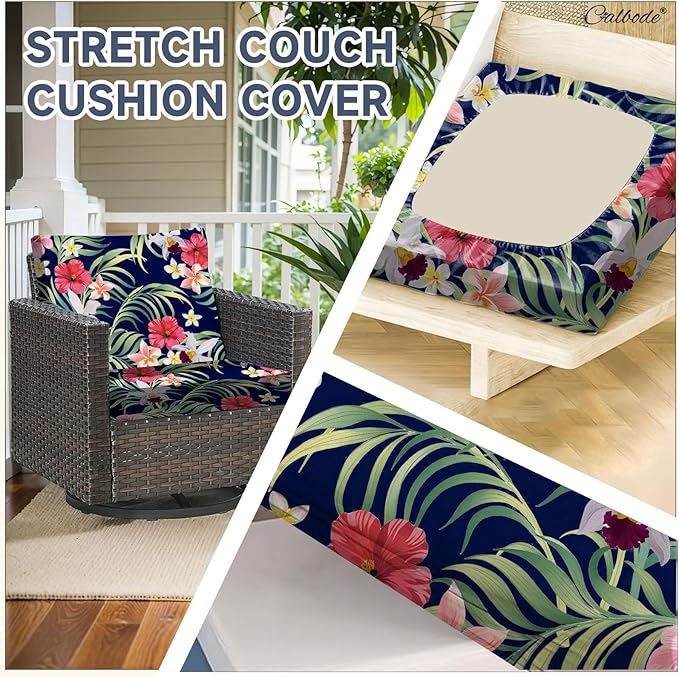 CALBODE 12 Pcs Stretch Outdoor Seat Cushion Covers, Washable Chair Seat Cover for Patio Furniture Cushions Soft Indoor and Outdoor Couch Cover Replacement (Tropical Floral,Black, Cover Only)