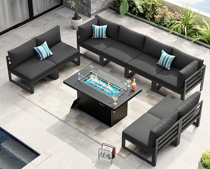 NICESOUL Aluminum Frame Patio Furniture Set with Fireplace, 9 Piece Oversized Modular Outdoor Sectional Sofa, 29" Deep Wide Seating, Modern L Shaped Conversation Set for Backyard, Garden, Dark Grey