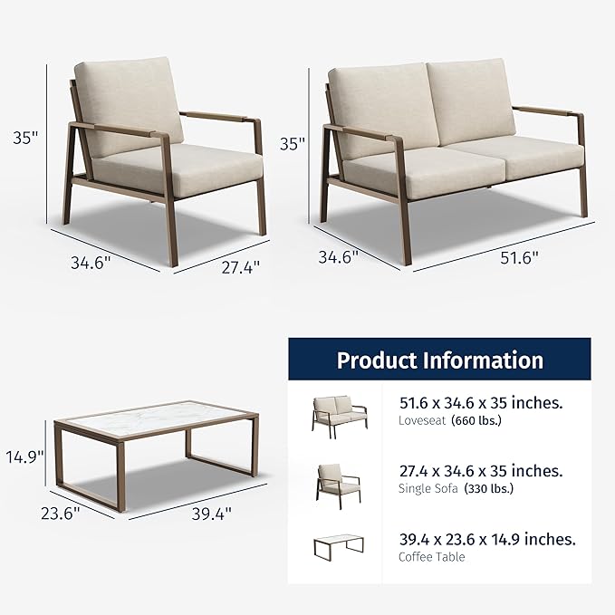 East Oak 4-Piece Patio Furniture Set with Thick Cushions, 2025 Coast Patio Conversation Set,4 Seats Waterproof Outdoor Patio Set with Rattan Armrests, Loveseat and Coffee Table for Backyard, Apricot