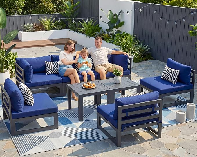 NICESOUL 8 Piece Large Luxury Aluminum Patio Conversation Set, 29" Deep Wide Comfortable Sitting, U Shaped Modular Sectional Couch, 500 lbs Heavy Duty All Weather Outdoor Sofa for Backyard, Navy Blue