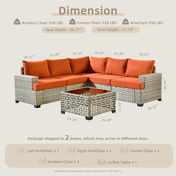 6 Pieces Outdoor Sectional Patio Furniture Set,Wicker Conversation Sets L Shaped Couch,Outdoor Sofa Outside Furniture with Solar Table Light(Red)