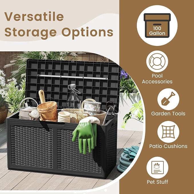 RELAX4LIFE 100-Gallon Resin Deck Box - Waterproof Outdoor Storage Box Container w/Lockable Lid & Wheels, Faux Rattan Porch Bench for Patio Furniture Cushions, Pool Accessories, Garden Tools (Black)