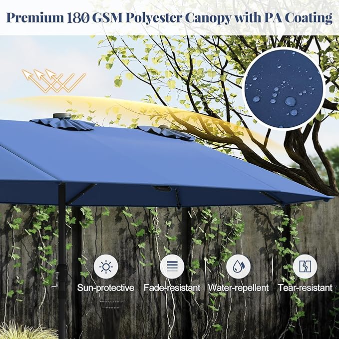 Tangkula 15FT Double-Sided Solar Patio Umbrella, Extra-Large Outdoor Twin Umbrella with 48 LED Lights, Vented Top, Crank Handle, 12 Ribs, Weighted Base Included for Backyard Poolside Deck (Navy)