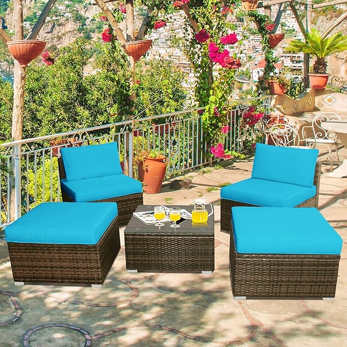 Tangkula 5 Piece Wicker Lounge Chair Set, with Tempered Glass Coffee Table, Outdoor Conversation Sets w/Washable Zippered Cushions, Includes 2 Armless Sofas, 2 Ottomans and 1 Side Table (Turquoise)