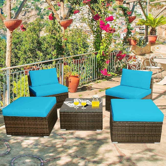 DORTALA Wicker Patio Furniture Set 5 Piece, Outdoor Conversation Sets with Chairs, Ottomans, Tempered Glass Table, Cushions, All Weather Rattan Sofa Couch for Balcony, Porch, Backyard, Deck, Turquoise