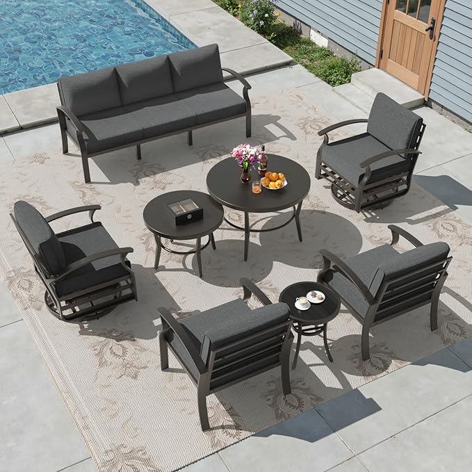 Aluminum Patio Furniture Set,7 Seats Outdoor Sectional with 2 Round Coffee Tables,Patio Conversation Sets w/5.1" Upgraded Thick Cushions for Backyard, Garden and Poolside,Black