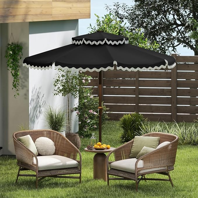 Kingdura 9ft Patio Umbrella with Fringe, Outdoor Table Umbrella with 8 Sturdy Fiberglass Ribs, Push-Button Tilt, UPF 50+, Luxurious Vintage Pool Umbrellas