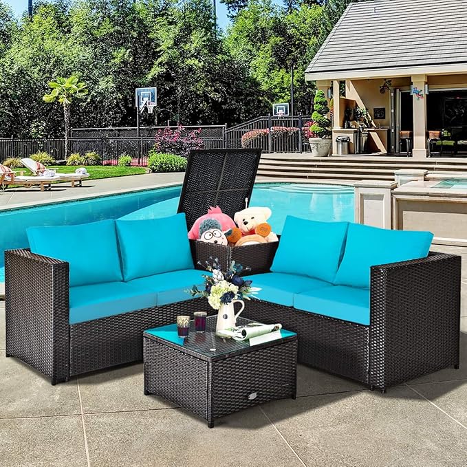 Tangkula 4 Piece Wicker Patio Set with Storage, All Weather-Proof Outdoor Conversation Set with Loveseat, Glass Top Coffee Table & Storage Box, Suitable for Garden, Poolside, Sunroom (1, Turquoise)