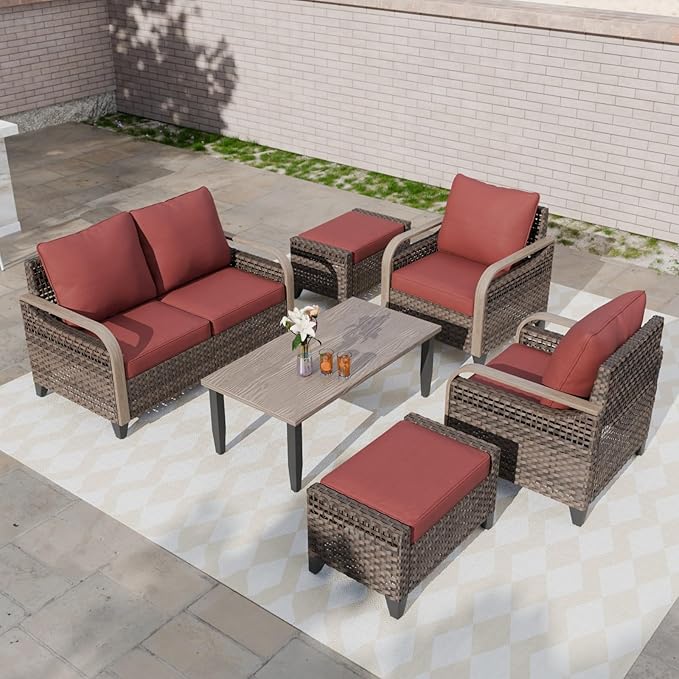 COOS BAY Modern Wicker Outdoor Furniture Set, 6 Piece Patio Conversation Set with 2 Patio Chairs, a 3 Seat Couch, 2 Ottomans and Coffee Table, 6 Piece, Brown/Red