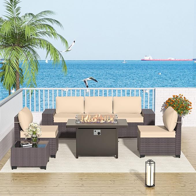 Patio Furniture Set 7 Pieces Outdoor Furniture Patio Conversation Set w/43in Aluminum Gas Fire Pit,PE Rattan Wicker 7 Pcs Outdoor Sofa Set w/55000 BTU Propane Fire Pit Table,Sand
