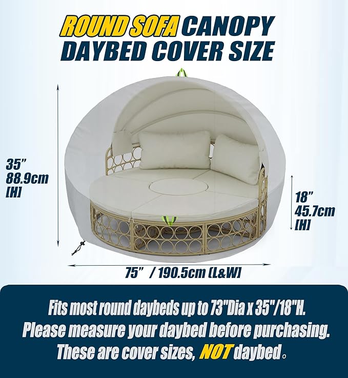 Outdoor Daybed Cover Waterproof, 600D Round Patio Sofa Cover, Heavy Duty Outdoor Canopy Daybed Sofa Cover - Ø75"X35''/18H