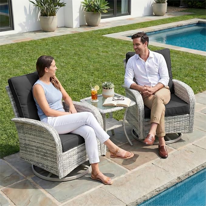 3-Piece Small Patio Furniture Set, Outdoor Swivel Rocking Chairs Set with Wicker Chairs and Tempered Glass Side Table, Outdoor Furniture Patio Bistro Set for Balcony, Deck, Porch