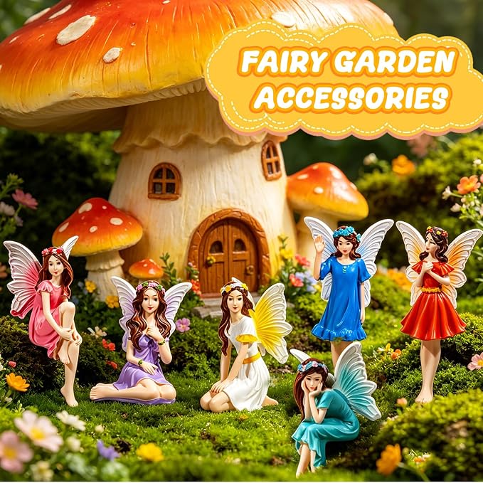 Exasinine 6 Pcs Fairy Figurines 4 Inch Colorful Fairies for Fairy Garden | 6 Hand-Painted 4-Inch Resin Fairy Figurines, Assorted Poses for Fairy Gardens, Flower Beds, Planters and Tabletop Decor