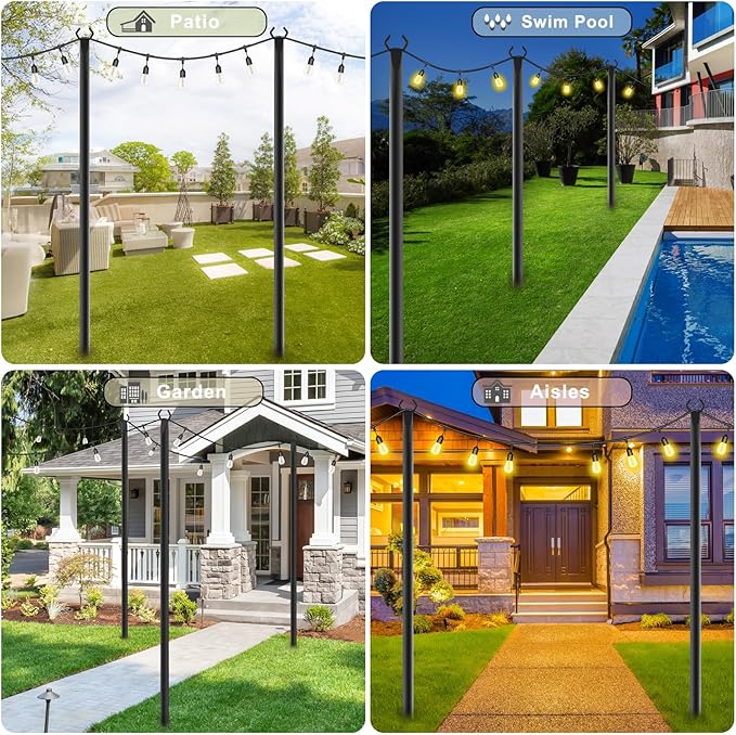 NUERPO 6 Pack String Light Poles,Metal Poles for Hanging Outdoor Light Strings,6 Pack 10 FT Light Poles Stand for Outside Garden,Patio,Wedding,Backyard,Deck,Party