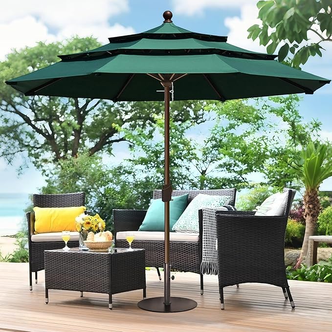 EliteShade USA 10-Year-Non-Fading 11ft 3-Tier Market Patio Umbrella, Commercial Grade Outdoor Table Umbrella with Crank Open, Windproof & UPF 50+ UV Protection, Heavy Duty Ventilation for Garden, Deck, Pool, Backyard, Beach & Bistro, No Tilt, Forest Green
