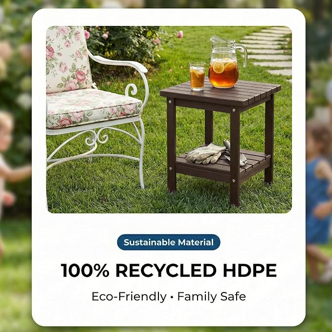 PASAMIC 2-Tier Adirondack Square Outdoor Side Table, HDPE Small Outdoor Table, Patio End Table for Patio, Pool, Backyard, Weather-Resistant (Brown)