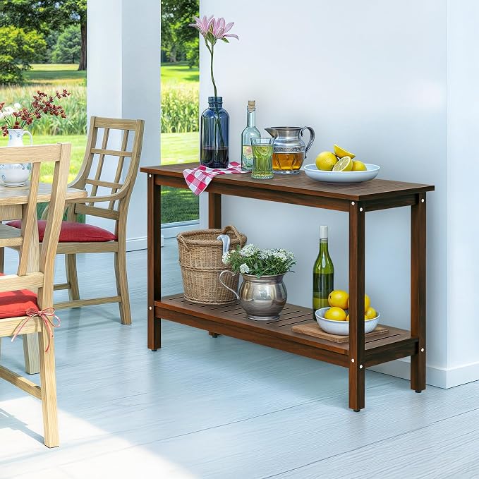 Wooden Console Table, 48in 2-Shelf Solid Wood Patio Side Table, Indoor Outdoor Buffet Bar Organizer with Foot Sliders (Espresso)