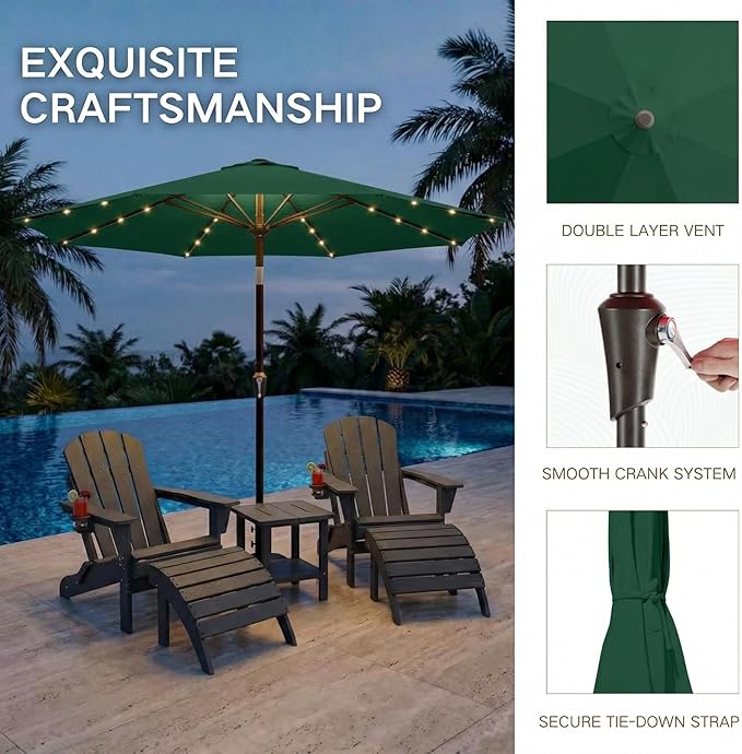 Kingdura 9FT Outdoor Patio Umbrella with Solar Lights, Market Table Umbrella with Push Button Tilt & Crank, 8 Sturdy Ribs, 32 LED Lights, UV Protection for Garden Lawn Deck Backyard Pool (Dark green)