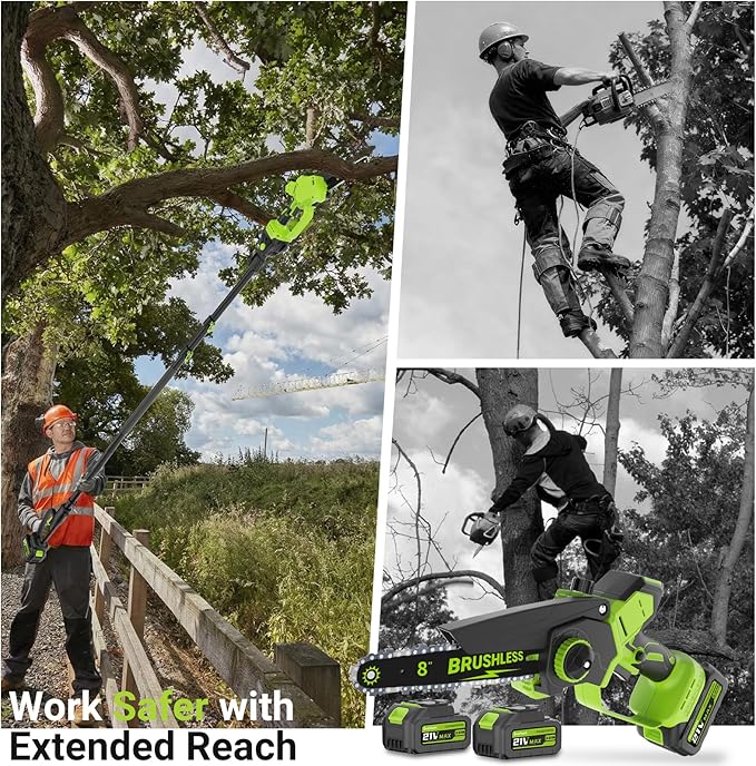 2-In-1 Cordless Electric Pole Saw for Tree Trimming, 8 Inch Chainsaw with 2 x 3000mAh Batteries, LCD Display, 15.6 FT Max Reach, 180° Adjustable Cutting Head for Tree Trimmer Limb Branch Cutter Pruner