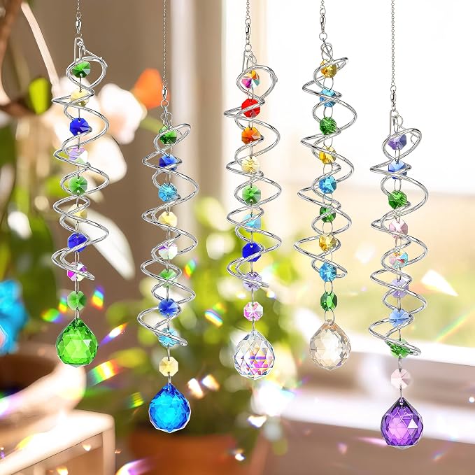5 Pack Crystal Gazing Ball Spiral Wind Spinner Garden Decor | Crystal Suncatcher Wind Spinner with Spiral Tail Gazing Ball Hanging for Indoor Outdoor Garden Patio Yard Home Decor