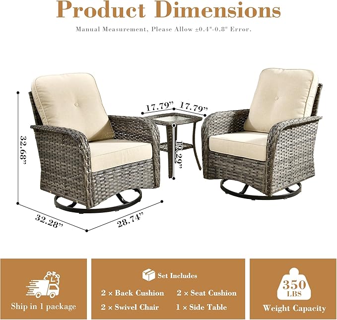 3 Pieces Patio Furniture Set, All-Weather Rattan Wicker Outdoor Furniture with Swivel Rocking Chairs and Side Table, High Back Conversation Set for Porch, Backyard, Balcony,Beige