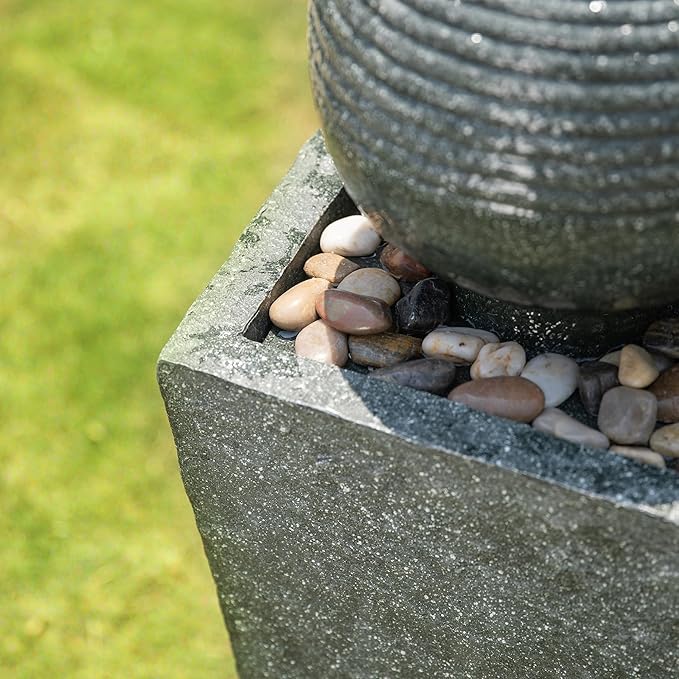 Glitzhome Outdoor Water Fountain, Outdoor Fountain with Pebbles, Pump and LED Light, 31.75" H Modern Geometric Pedestal and Sphere Polyresin Waterfall Fountain for Patio, Backyard, Garden, Deck Decor