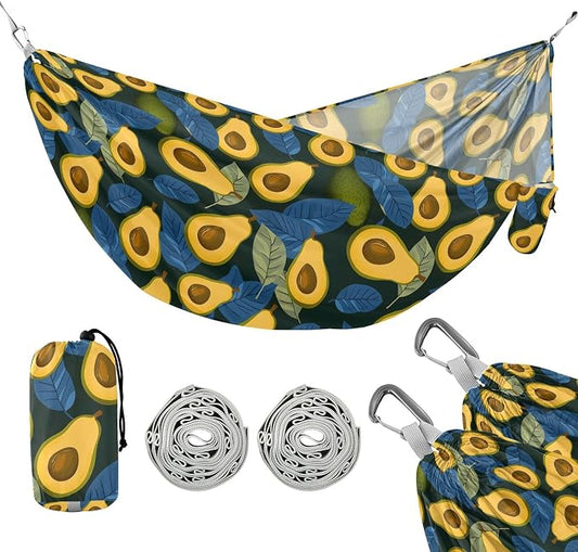 Camping Hammock Outdoor Hammocks for Outside Avocado Blue Leaves Beach Trees Portable Lightweight with Pockets Tree Straps Indoor