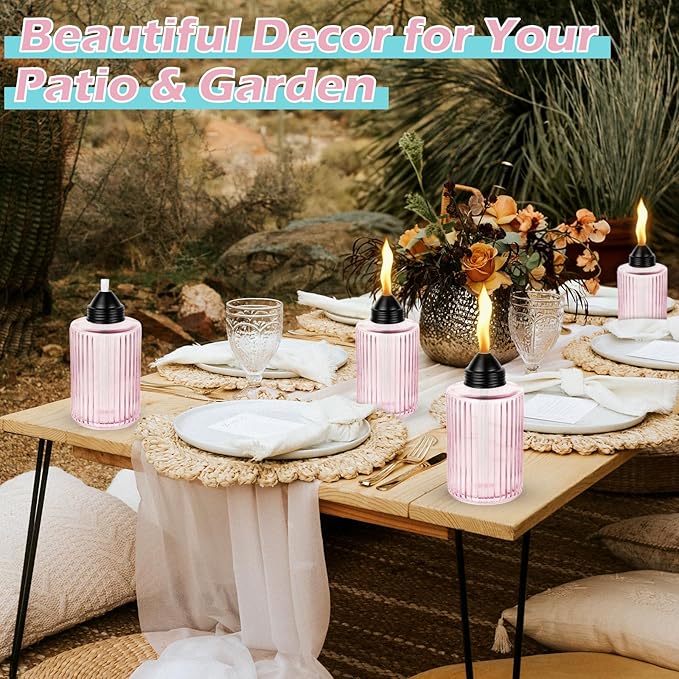 Glass Table Top Torches for Outside,4 Pack Citronella Tabletop Torch with Wick & Cap, 12oz Refillable Outdoor Torch Canisters Lanterns Torches for Luau Party, DIY Garden Decor (Pink)
