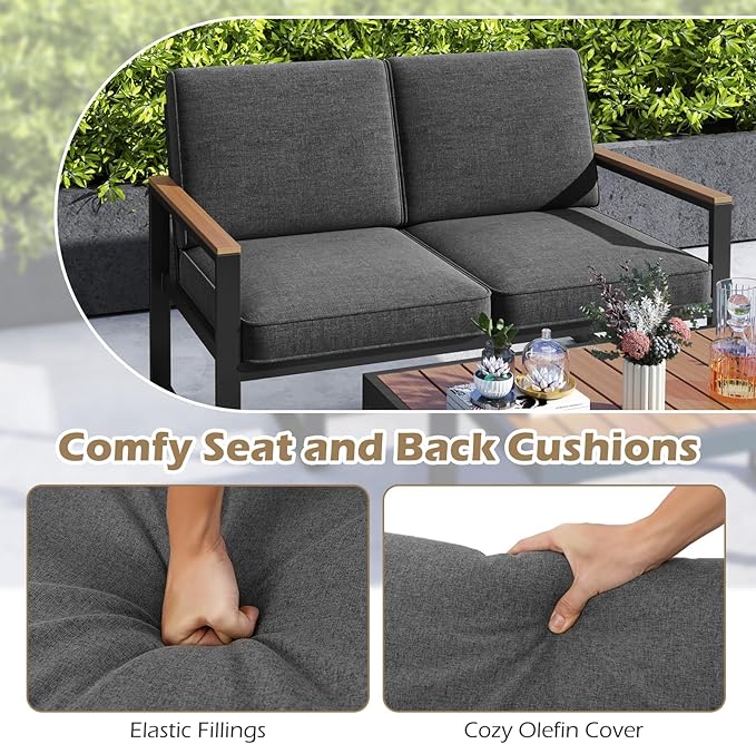 Tangkula 2 Piece Patio Aluminum Furniture Set, Outdoor Cushioned Loveseat with Coffee Table Set, with Wood-Plastic Armrests & Tabletop, for Balcony, Backyard, Poolside