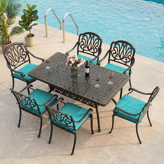 VIVIJASON 7-Piece Outdoor Furniture Dining Set, All-Weather Cast Aluminum Patio Conversation Set, Include 6 Cushioned Chairs and a Rectangle Table with Umbrella Hole, Ocean Blue Cushion