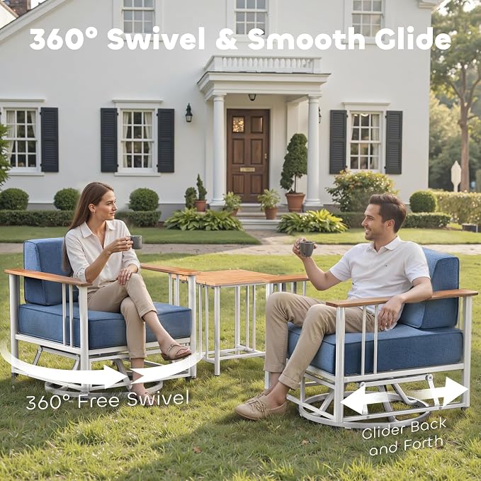 Luxury Patio Swivel Chairs with 6" Extra Thick Cushions, Outdoor Furniture Set with Ottomans and Side Table, Swivel Outdoor Chairs for Porch, Balcony, Deck, Patio, Yard, Poolside, White/Blue