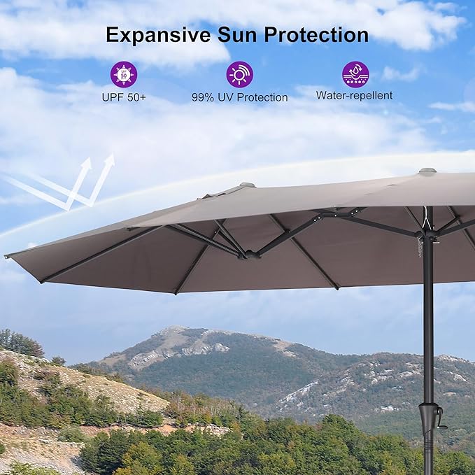 PURPLE LEAF 14ft Patio Umbrella with Solar Lights Outdoor Double-Sided Market Umbrella with Base Included Rectangle Table Umbrella for Pool Garden Backyard, Light Grey