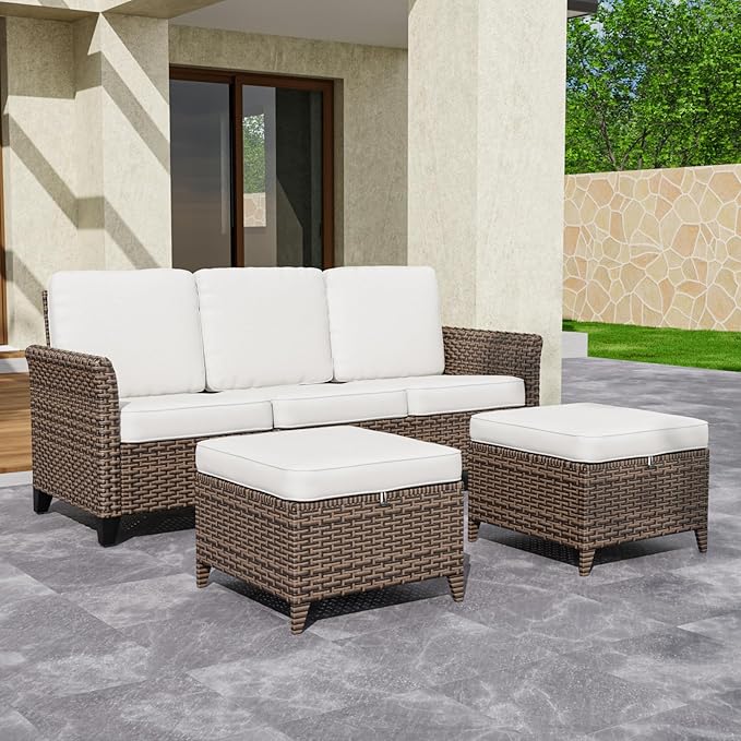 COOS BAY Harbor Retreat 3 Piece Outdoor Furniture Set, Patio Conversation Set with 3 Seat Couch and Ottomans, Wicker Furniture, Brown/Beige