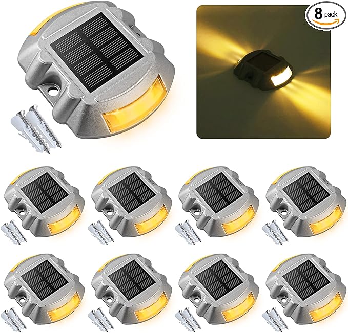 VOLISUN Solar Deck Lights Driveway Dock Lights, 8-Pack Led IP68 Waterproof Outdoor Warning Step Lights for Driveway Sidewalk Garden Pathway Yard(Warm White, Auto On/Off