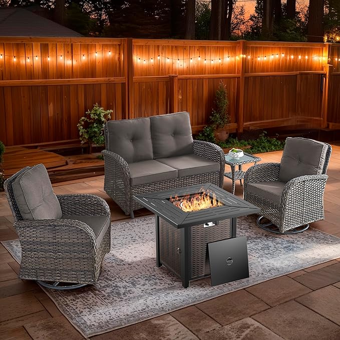 5 Piece Patio Furniture Set with Fire Pit Table - Wicker Patio Conversation Set with Swivel Glider, Glider Loveseat, Tempered Glass Side Table for Deck Backyard - Brown Wicker Grey Cushion